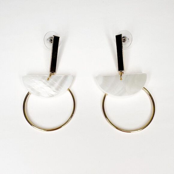 Gold Post Pearl Half Moon Circle Geometric Dangle Earrings - Picture 1 of 2
